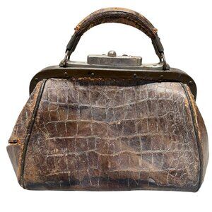 Vintage Alligator Doctor's Bag Satchel Handbag Purse Coin Pouch Leather Brown